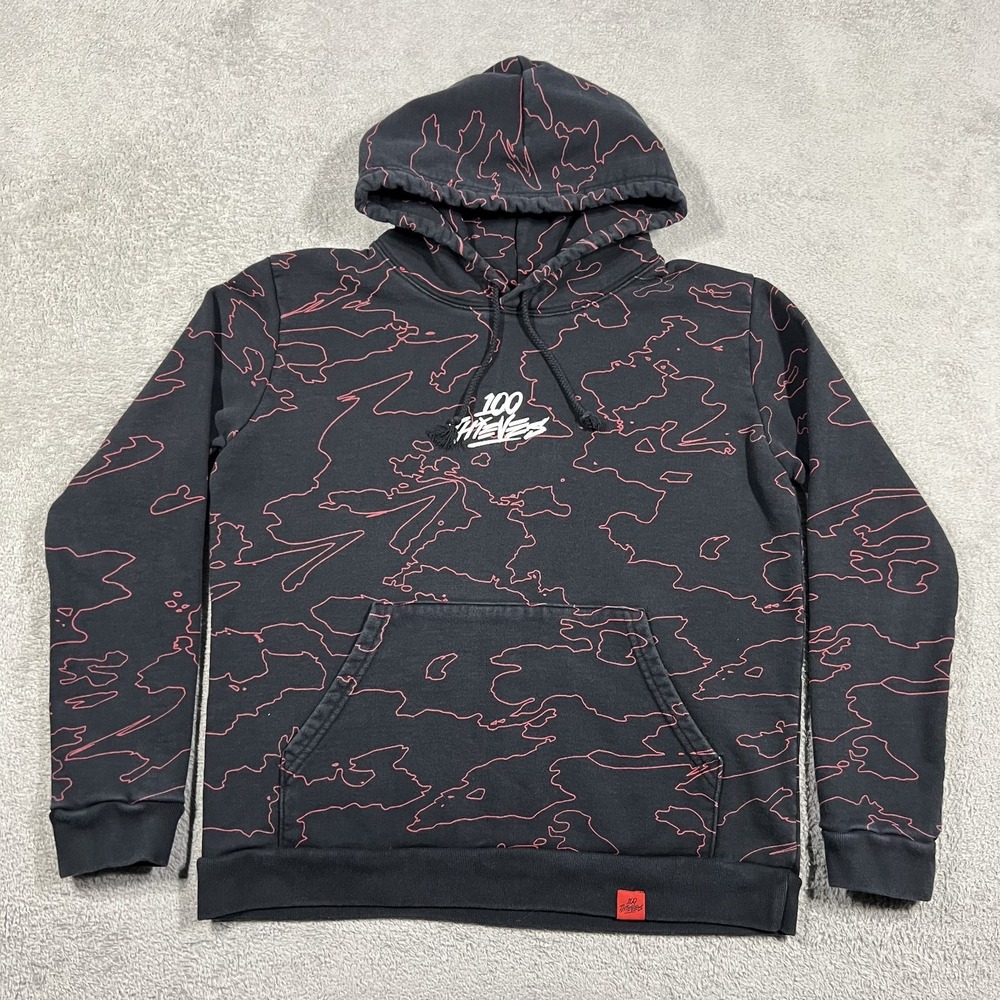 100 Thieves Geography Hoodie Mens Medium Topographic Lines Black Limited Edition